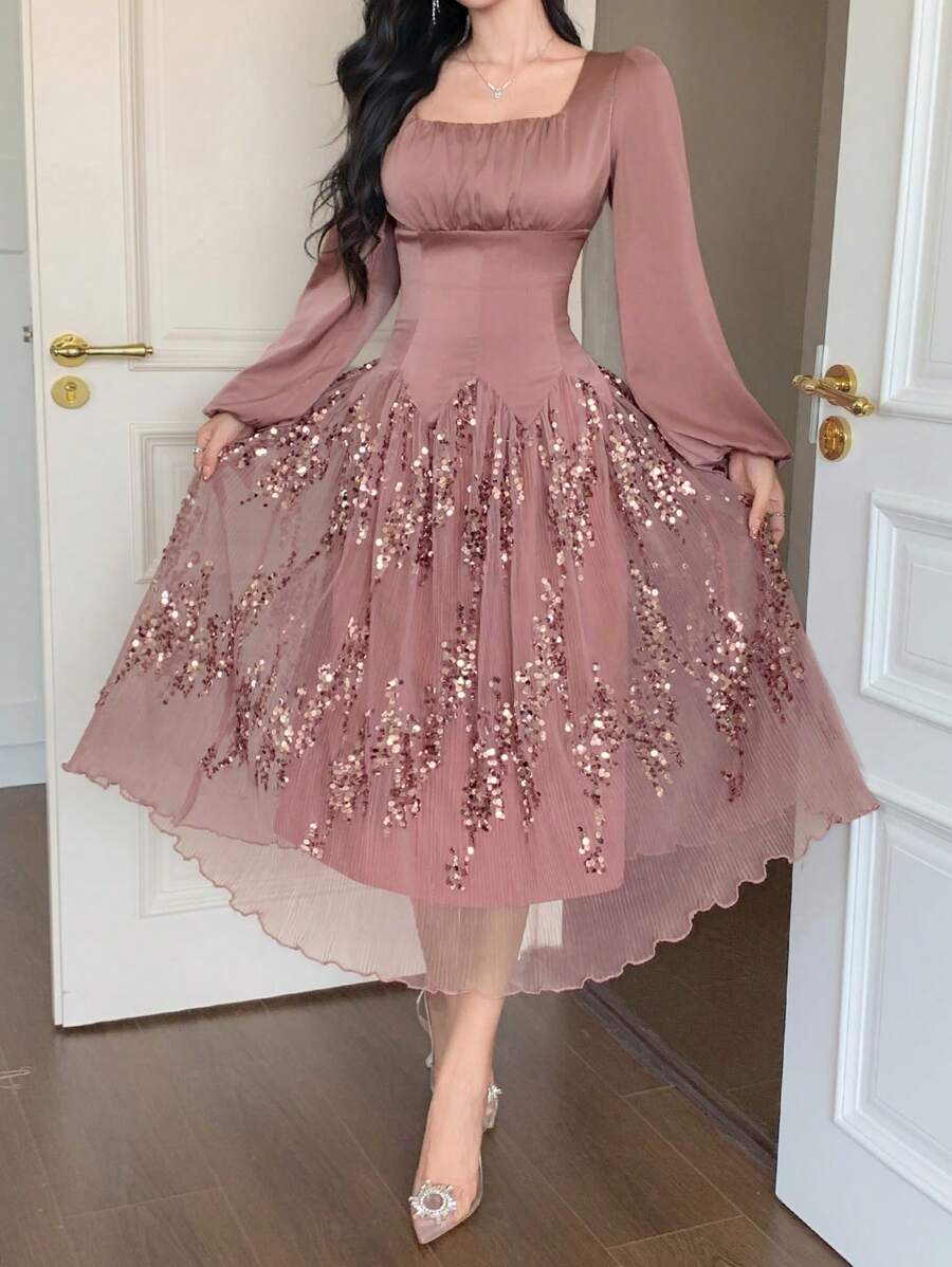 DAZY 春季婚礼宾客着装:优雅方领泡泡袖拼接中长连衣裙,秋季长袖连衣裙,奢华舞会礼服,亮片闪亮连衣裙,碎花连衣裙 - 棕色 - 查看 1