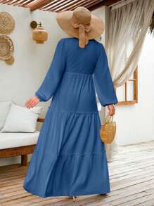 LANTERN LONG SLEEVE LAYERED LONG DRESS - Navy Blue - View 2