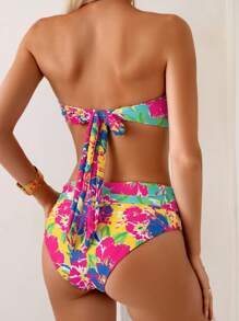 Swim Vcay 2025 花卉印花吊带露脐上衣和高腰短裤比基尼套装（可双面多穿），夏季海滩度假 - 彩色 - 查看 2