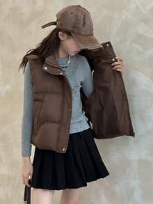 DAZY Áo khoác vest trơn màu thường ngày cho bé gái tuổi teen, áo vest phao - Cà phê nâu - Xem 3