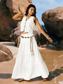 Easelle 女士两件套白色毕业礼服梭织度假棉套装：前系带背心和裙子波西米亚风假日服装 - 白色 - 查看 1