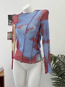 DAZY 扎染生菜边网眼上衣（无胸罩）长袖女式上衣，秋季女装 - 彩色 - 查看 10