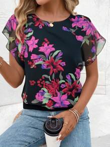 SHEIN LUNE 2025 Summer New Arrival Mesh Flower Print Slim-Fit T-Shirt - Black - View 3