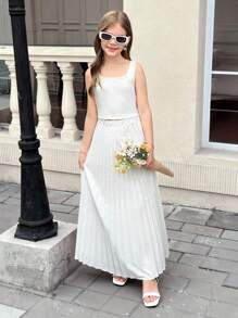 SHEIN 青少年女孩休闲法式优雅方领罗纹针织背心和百褶裙两件套，返校装，母子装 - 白色 - 查看 8