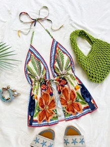 Soleia Áo ba lỗ hở lưng in họa tiết cây dừa và lá cọ nhiệt đới dành cho nữ, thường ngày cho ngày lễ, trà chiều, tiệc tùng, bãi biển, kỳ nghỉ xuân/hè, du ngoạn, lễ hội âm nhạc, phong cách Boho - Nhiều màu - Xem 5