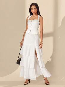 Almamuse Women High Waist Embroidered White Eyelet Skirt,Elegant Classy Summer Vacation Holiday Layered Ruffled Slit Tiered Ruffle Skirts Fall Cloth For Women - White - View 6