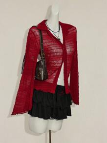 SHEIN ICON 女士性感纯色透视长袖开衫衬衫 - 紅色 - 查看 4