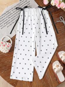 Young Girl Casual Bow Print Drawstring Sweatpants Fall Winter - White - View 1