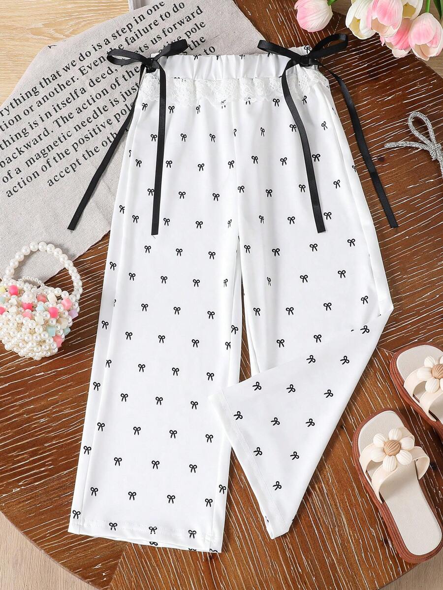 Young Girl Casual Bow Print Drawstring Sweatpants Fall Winter - White - View 1