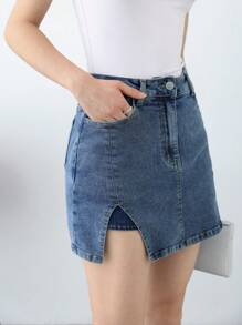 K-Vae Women's Summer Washed Blue Classic Hip Denim Skirt, Casual Split Denim Skirt, Graduation Season College Style, Daily School Commuting Skirt