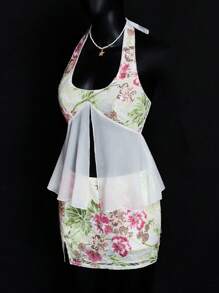 SHEIN ICON Top de cuello halter trasero descubierto con glitter, bordados, lentejuelas y estampado floral, para verano, ideal para salidas y vacaciones