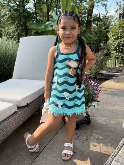 SHEIN Vestido de niña con bajo con volantes en degradado y diseño de medusa a crochet