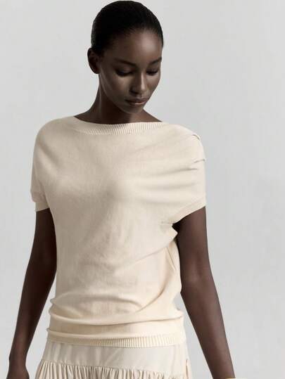 White Summer Casual Effortless Chic Office Elegant Short Sleeve Knit Top,Minimalist Solid Color Urban Business Casual Professional Office Wear,2025