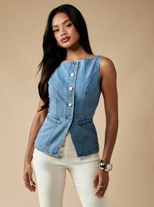 MISSGUIDED Fitted Denim Waistcoat Button Front Raw Edge Sleeveless Jean Vest Asymmetrical Cut Autumn Winter Transitional Layering Top