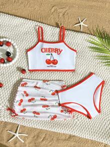Conjunto de bebé niña con Top de bikini con estampado de cerezas de tirantes finos, blusa de cuello redondo de manga corta y cubrecuerpo de malla para playa y vacaciones - Multicolor - Ver 3