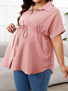 SHEIN Plus Size Pregnant Women Solid Color Front Button Casual Short Sleeve Top For Summer