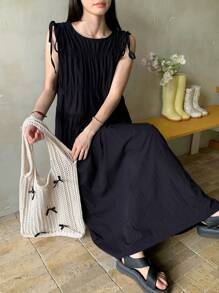 DAZY Đầm midi buộc eo không tay màu trơn phong cách Hàn Quốc mùa hè cho nữ - Màu xanh hải quân - Xem 6