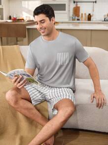 休闲舒适的条纹印花情侣休闲套装 - 灰色 - 查看 3