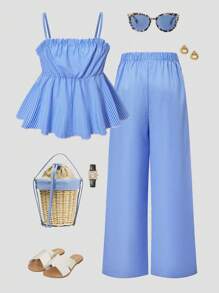 2 件套青少年女孩条纹图案吊带背心，配有松紧腰直筒裤套装，夏季休闲工作服 - 藍色 - 查看 2