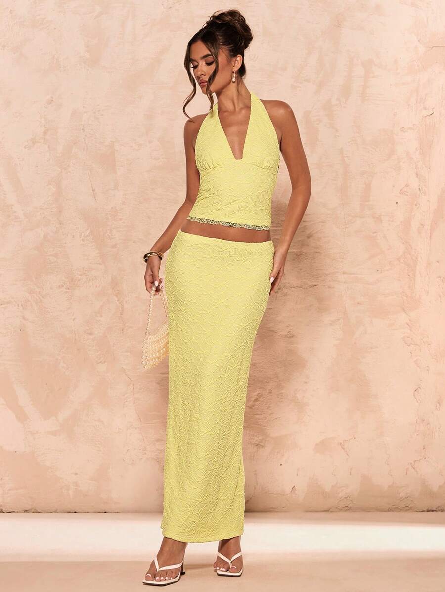SHEIN BAE 女式黄色露背纹理短款上衣和低腰直筒下摆半身裙，夏季 - 黃色 - 查看 1