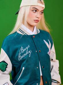 LOONEY TUNES X SHEIN 남성용 레터 플록 래빗 디자인 컬러블록 야구 재킷, 가을 - 녹색 - 보기 3