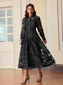 ZEYLAH Elegant Floral Print Puff Sleeve Sheer Blouse - Black - View 5
