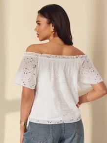 Almamuse Women's Solid Color Casual Embroidered Off Shoulder Blouse - White - View 2