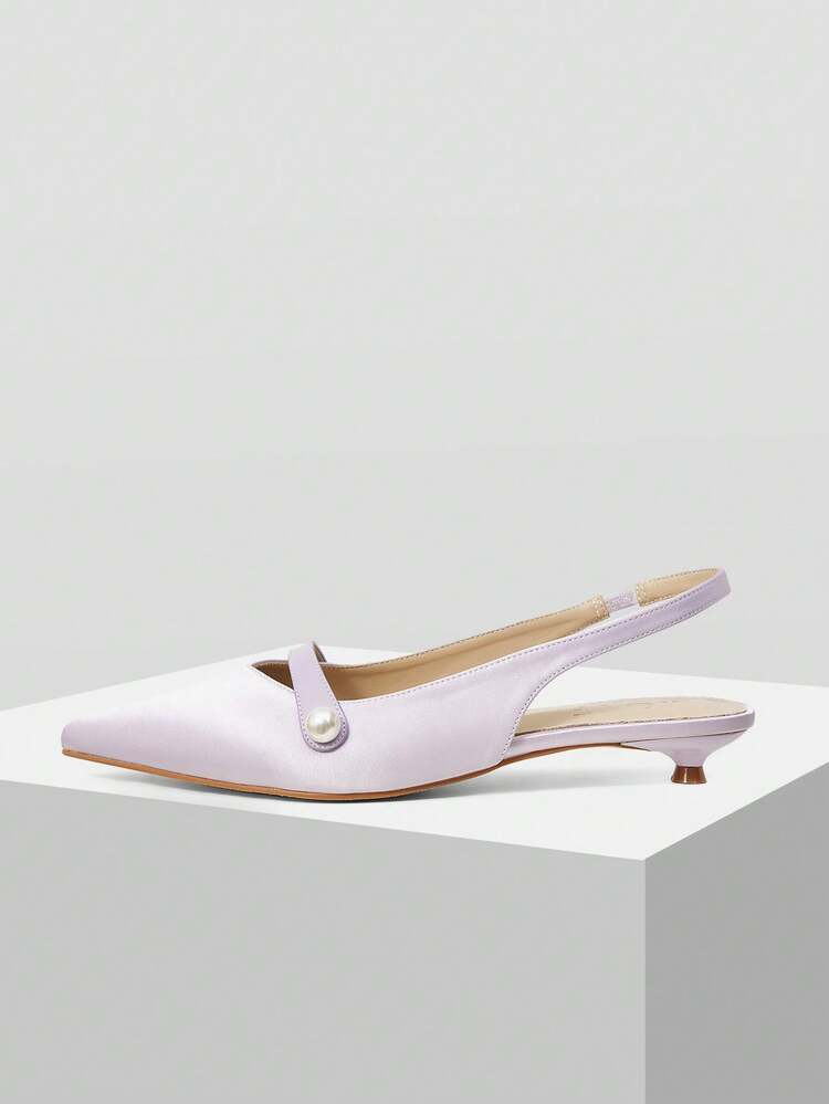 パールボタンデコ キトゥンヒール ポインテッドトゥ バックレス ファッション 多用途 レディースサンダル