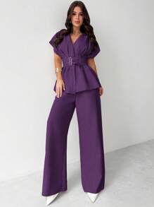 SHEIN Privé Bộ 2 món áo khoác cardigan cổ chữ V bằng sợi tre thanh lịch cỡ lớn và quần ống rộng ống đứng, phù hợp mặc hàng ngày, đi làm, đi làm, đi chơi, xuân hè - Màu tím - Xem 9