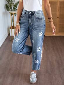 EMERY ROSE Quần Jeans Nữ Dáng Rộng, Ống Thẳng, Thêu Hoa, Phong Cách Mùa Thu, Thường Ngày, Đồng Quê, Buổi Hòa Nhạc, Đồng Quê, Đồng Quê, Quần Jeans Nữ - Rửa nhẹ - Xem 5