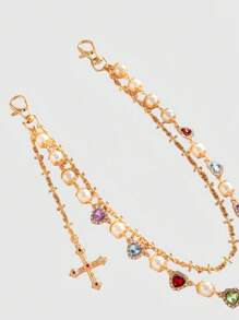 ROMWE Grunge Punk Hip-Hop Design Colorful Rhinestone Cross Waist Chain Pendant Decor Faux Pearl Ornament Chain Pants - Gold - View 5