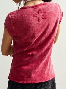 Bohemela Summer Easter Plain Knit V-Neck Short Sleeve Bodycon Washed Women T-Shirt Red Tshirt Women V Neck Tshirt Women V Neck Tops Red Tops Summer Tops - Red - View 3