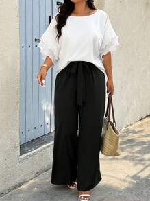 Calvaya Conjunto de 2 piezas de talla grande para vacaciones, camisa de manga con volantes de unicolor casual y pantalón largo - Negro - Ver 1
