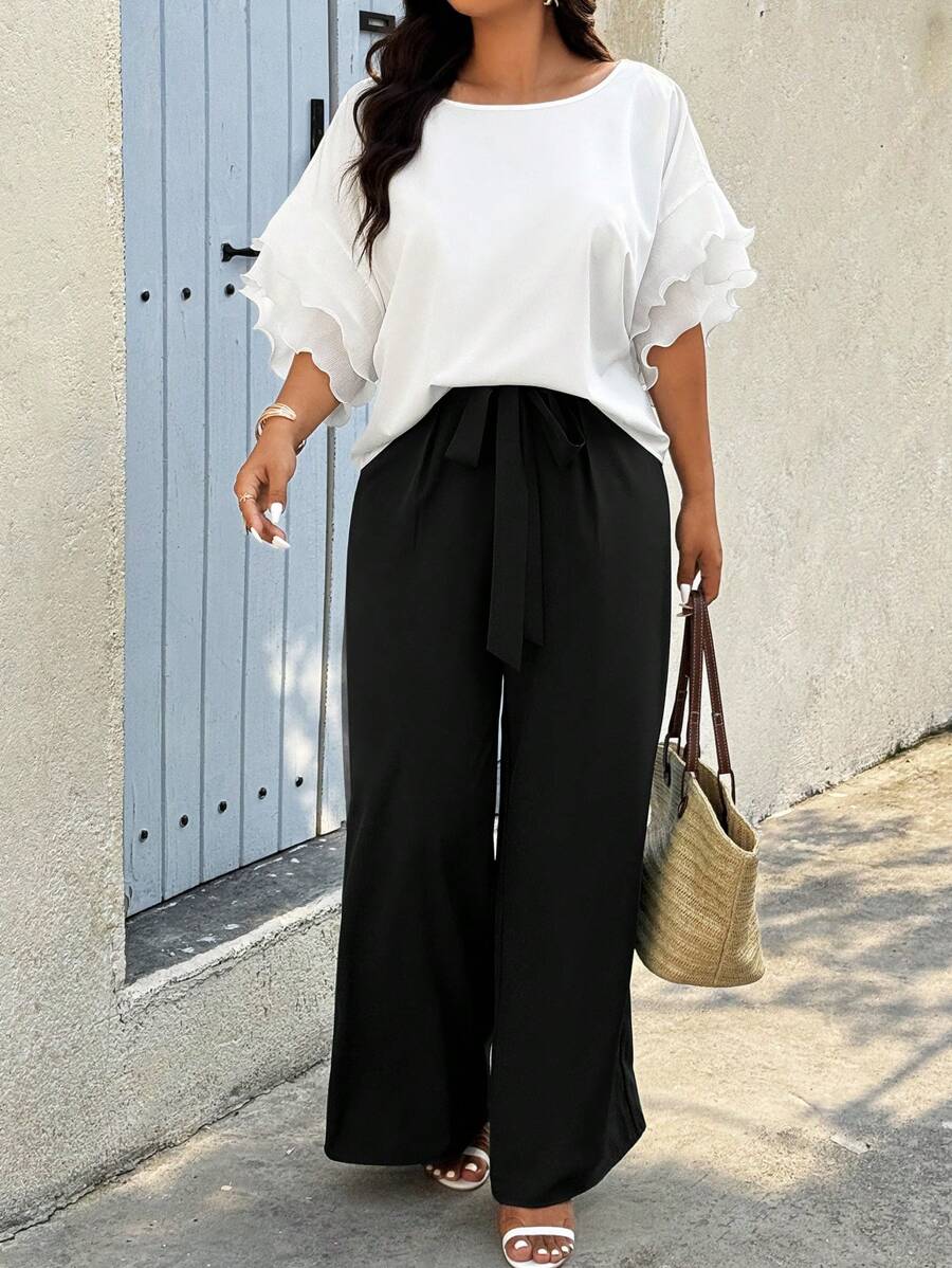 Calvaya Conjunto de 2 piezas de talla grande para vacaciones, camisa de manga con volantes de unicolor casual y pantalón largo - Negro - Ver 1