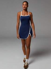 Athîral Váy thể thao không tay thường ngày màu tương phản dành cho nữ - Màu xanh hải quân - Xem 4