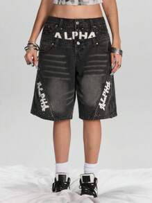 ROMWE Street Life 高街涂鸦印花拉链铆钉装饰复古水洗双腰带宽松女式牛仔裙裤 - 黑色 - 查看 3