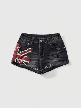 Grunge Punk Shorts di jeans a vita bassissima da donna in stile Y2K retrò, con stampa bandiera patriottica, adatti per festival