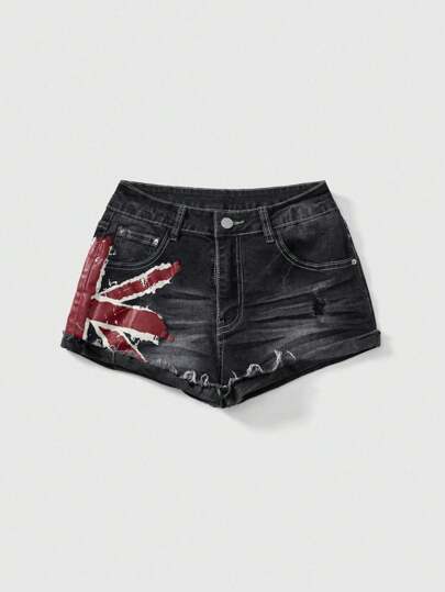 Grunge Punk Short en jean à taille très basse, imprimé drapeau patriotique rétro Y2K pour femmes, festival
