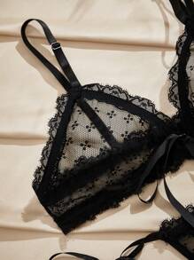 Charlaine French Minimalist Polka Dot Lace Trim Bralette & Panty Set For Women - Black - View 3