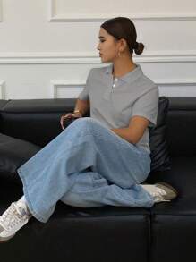 Livesso Women's Loose Casual Solid Color Polo Collar Short Sleeve T-Shirt Gray Tops Cropped Shirts Collared Shirt Gray Top Solid Color Tops Gray Cropped Polo Shirt Gray Collared Shirt Cropped Polo Top Solid Gray Top