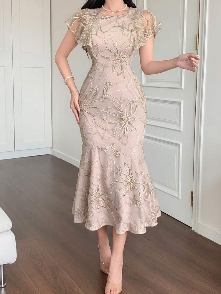 Women's Floral Embroidery Mesh Patchwork Ruffle Trim Elegant Mid-Length Dress