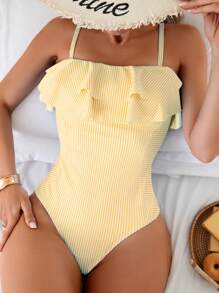 Swim Vcay Women's Casual Beach Vacation Double-Layer Ruffled Striped Random Print One-Piece Swimsuit, Spring/Summer - Multicolor - View 5