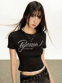 INAWLY Summer Casual Beaded Decor Lace Trim T-Shirt - Black - View 4