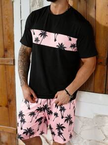 ResortEase Plus Size Men Relaxed Fit Crew Neck Short Sleeve Casual Coconut Tree Print T-Shirt Set