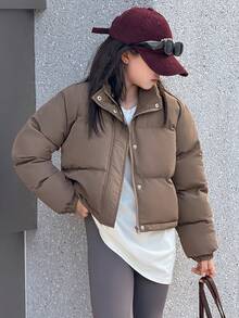 DAZY 青少年女孩长袖短款纯色街头休闲棉服外套冬季 - 咖啡棕 - 查看 5