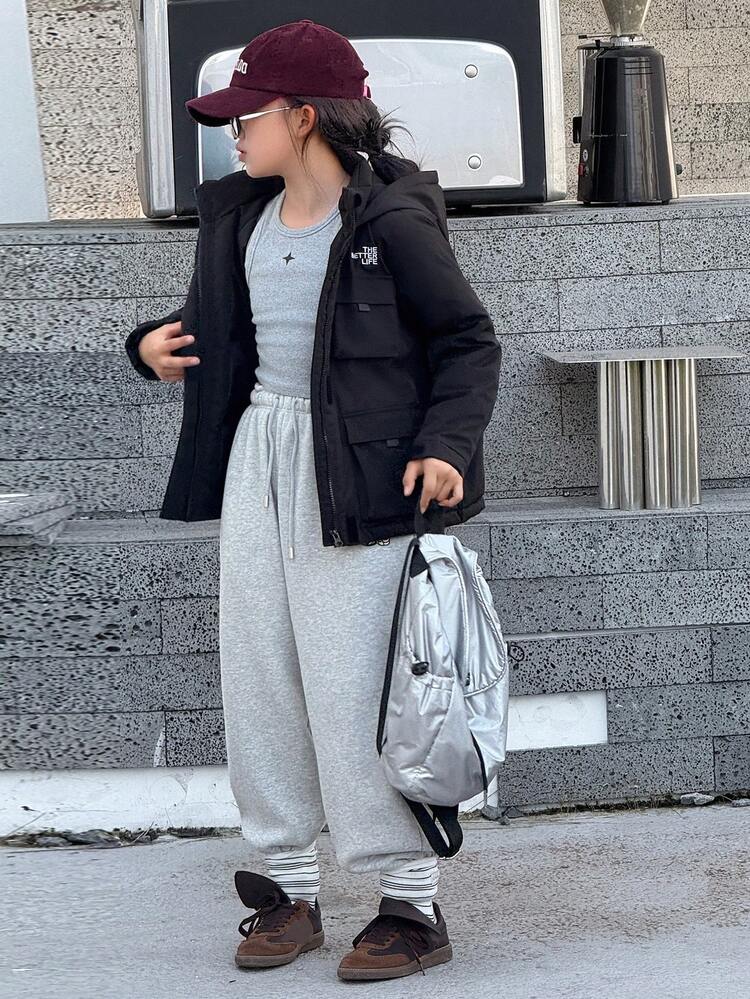 Tween Girls' Letter Embroidery Hooded Solid Color Casual Long Sleeve Jacket, Korean Style