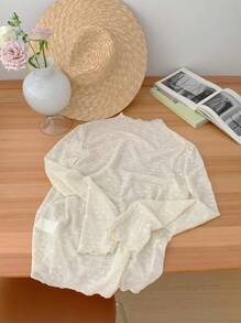 DAZY 女式半高领花卉装饰透明长袖休闲衬衫 - 米色 - 查看 3