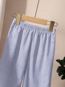 2pcs Girls Striped Lapel Long Sleeve Cardigan Shirt And Straight Leg Pants Set, Casual School Uniform Back To School Outfit - Blue - View 9