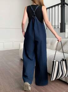 SHEIN Mono versátil de unicolor de lino informal de vacaciones como nueva llegada 2025 para adolescentes, primavera/verano, silueta esbelta y juvenil, corte holgado, con bolsillos laterales, espalda abierta, pantalón de pierna ancha y cintura alta, para salidas familiares o vestimenta informal de negocios en verano - Azul lavado oscuro - Ver 2