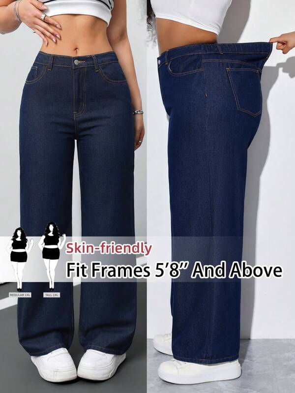 SHEIN Tall CURVE Women Plus Size Dark Blue Loose Denim Wide Leg Pants Summer 4th Of July 4th Of July Women Fourth Of July Work Clothes Women Airport Outfit For Women Vacay Outfits Women Club High Waisted Jeans Vintage